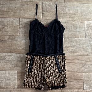 Guess Black Lace bodysuit with Gold and Black Sequined Shorts outfit bundle